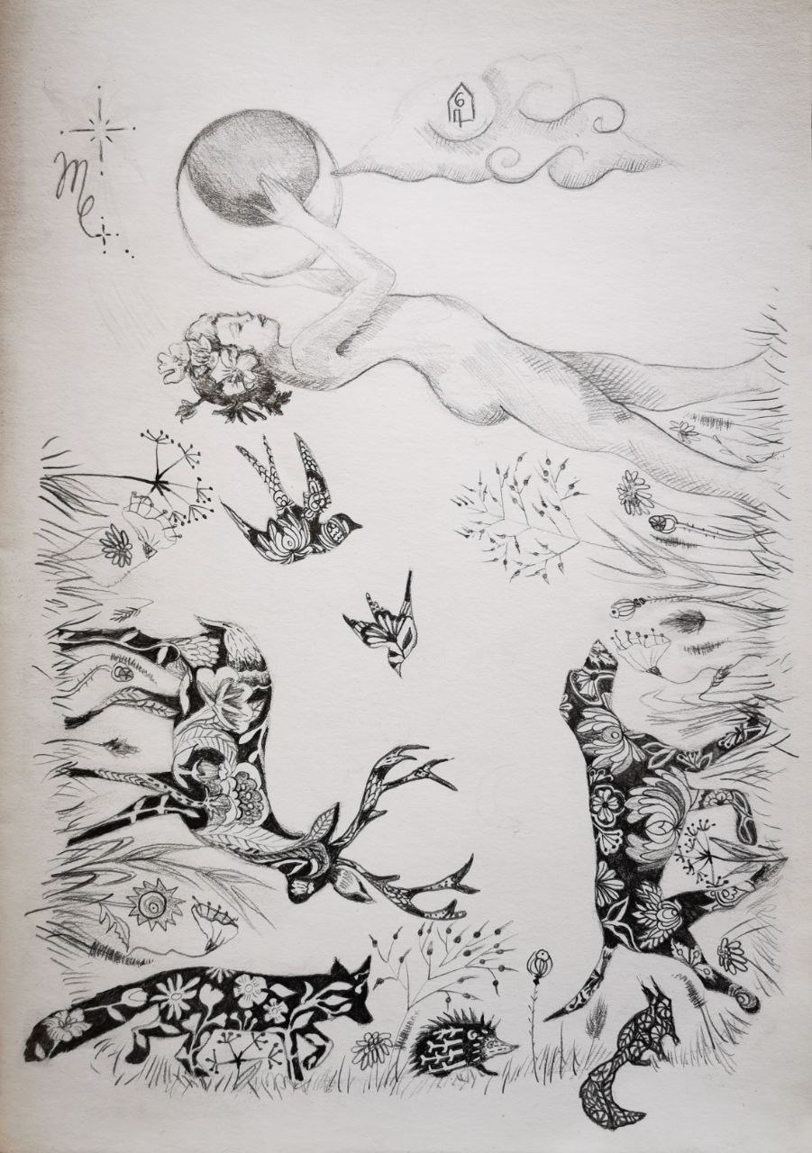 dessin crayon femme naturelle et animaux Maison 6 astro