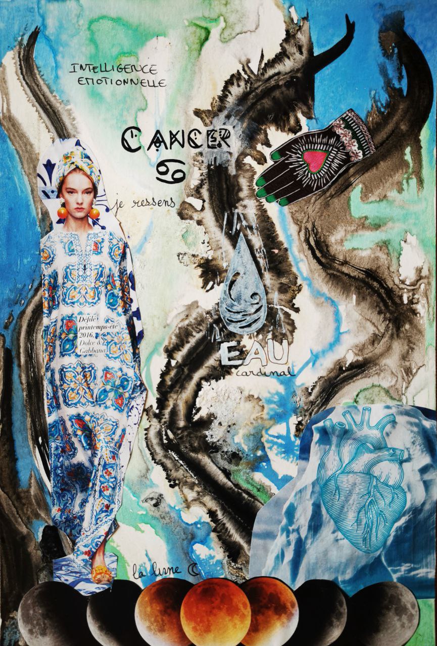encre et collage signe astro cancer