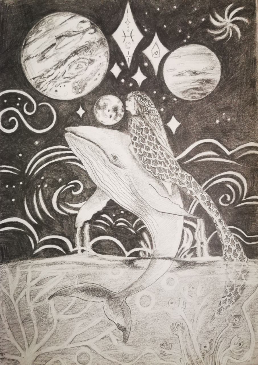 dessin crayon baleine dans l'espace maison 12 astro