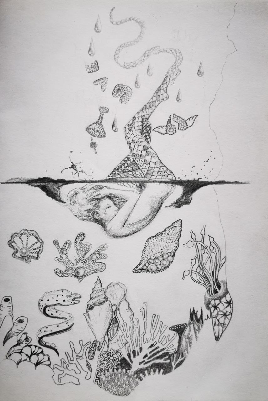 dessin crayon femme muant dans l'eau maison 8 astro