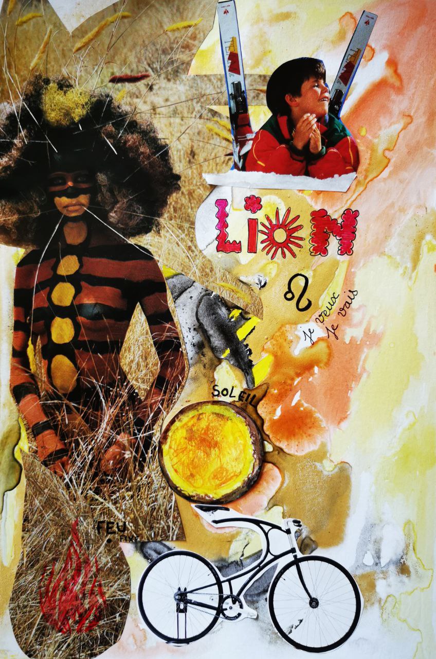 encre et collage signe astro lion