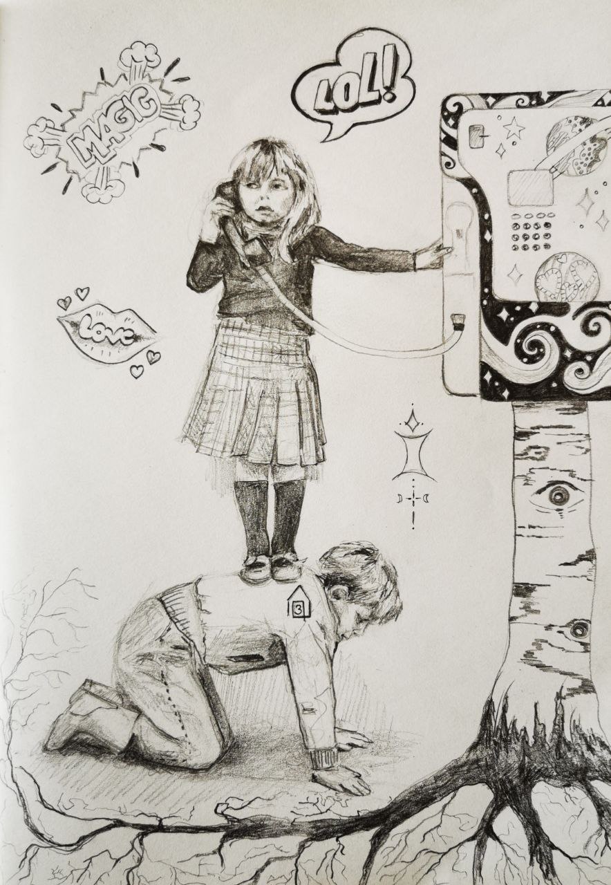 dessin crayon frère et sœur au téléphone