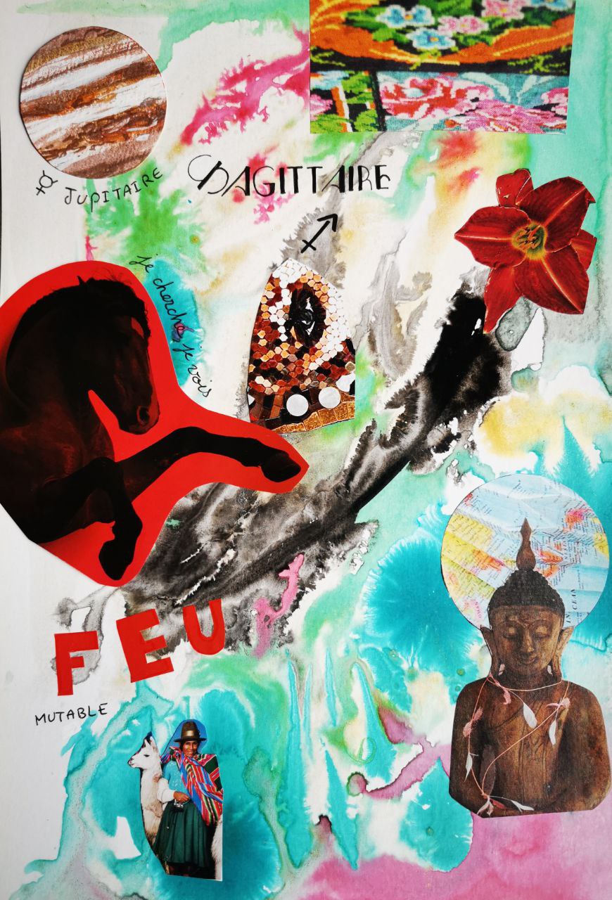 encre et collage signe astro sagittaire