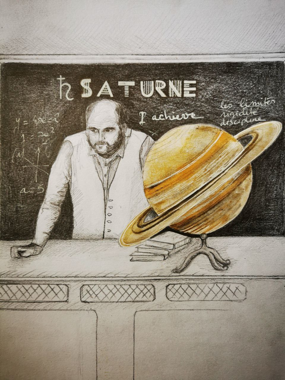saturne professeur sévère devant son tableau globe saturne